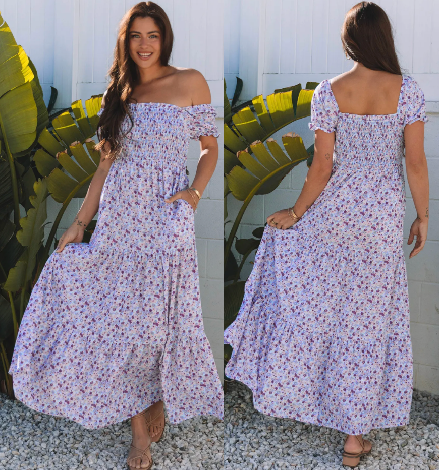 purple maxi flowers mini dress Purple Floral Short Bubble Sleeve Shirred High Waist Maxi Dress Probably Preppy
