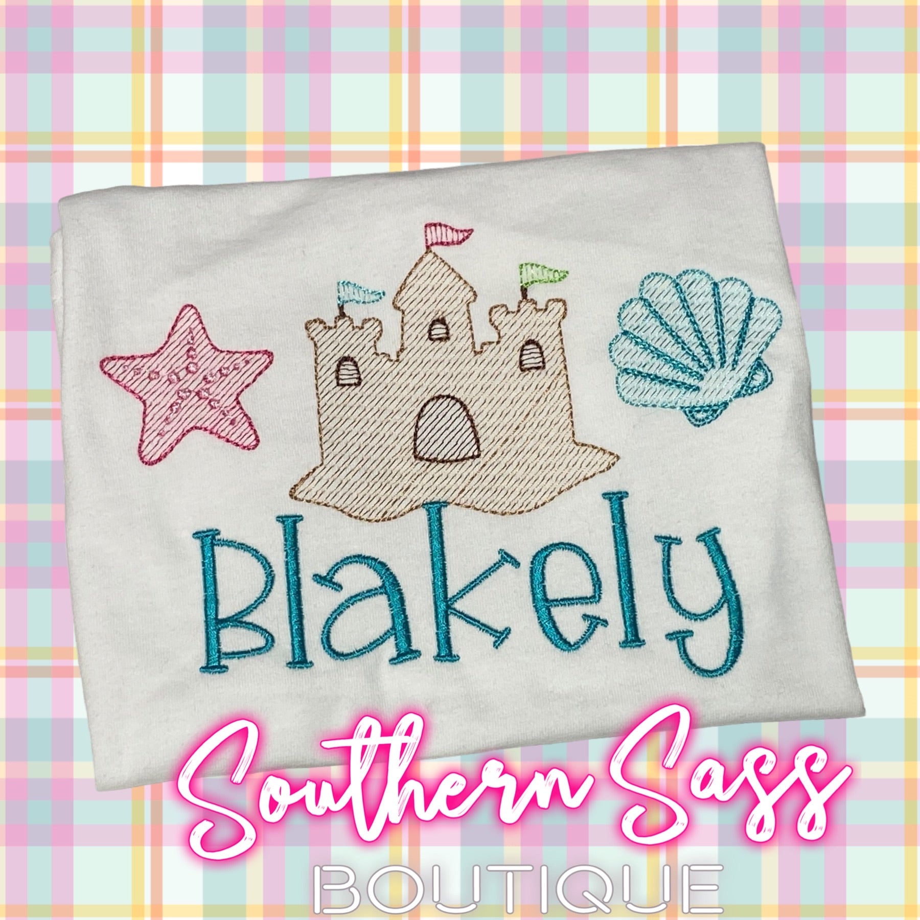 SANDCASTLE, SEASHELLS & STARFISH EMBROIDERED KIDS TEE