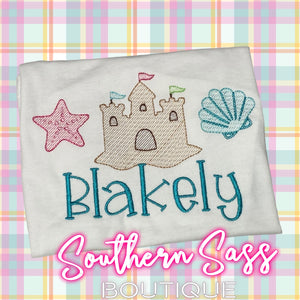 SANDCASTLE, SEASHELLS & STARFISH EMBROIDERED KIDS TEE