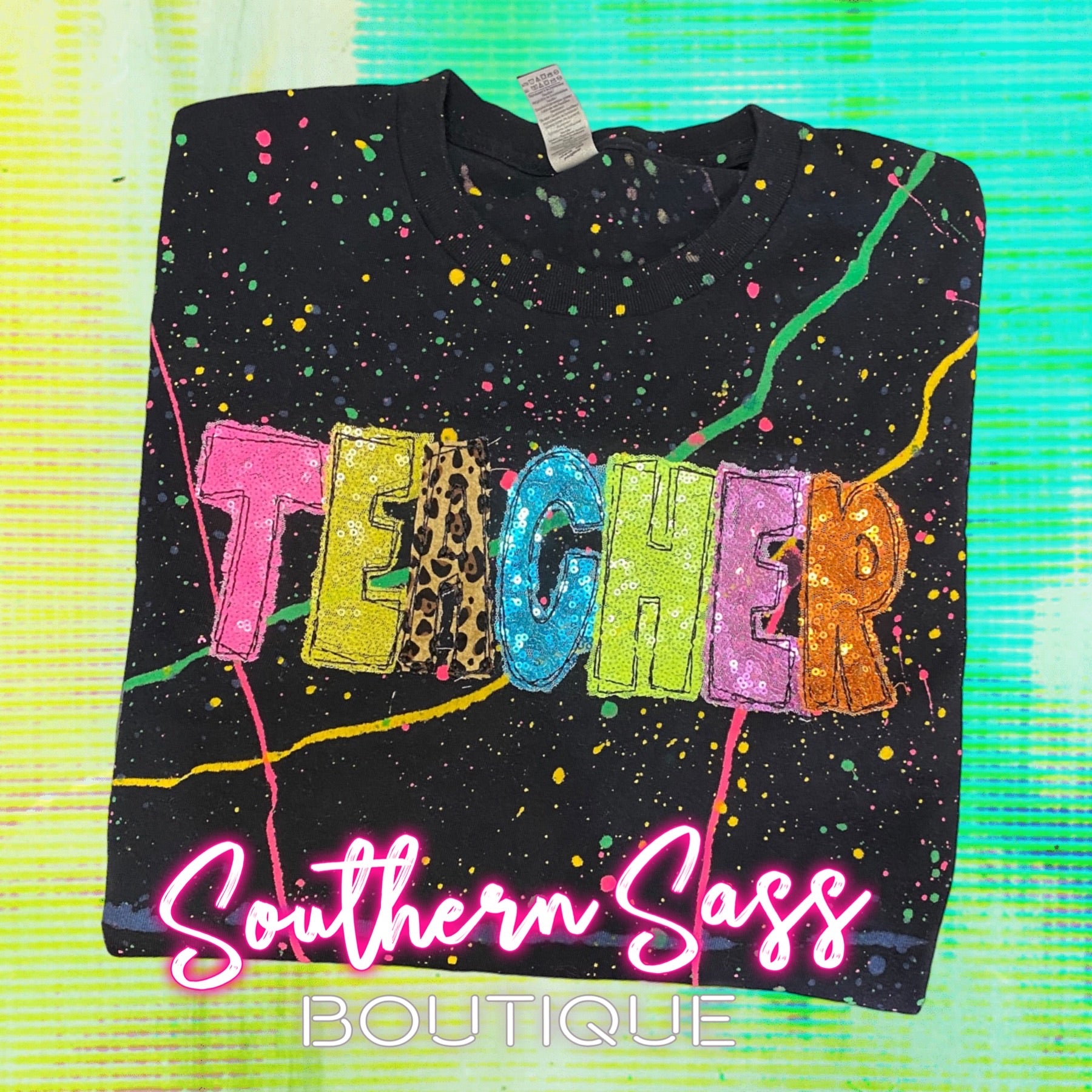 NEON SEQUIN EMBROIDERED CUSTOM NAME SPLATTER TSHIRT