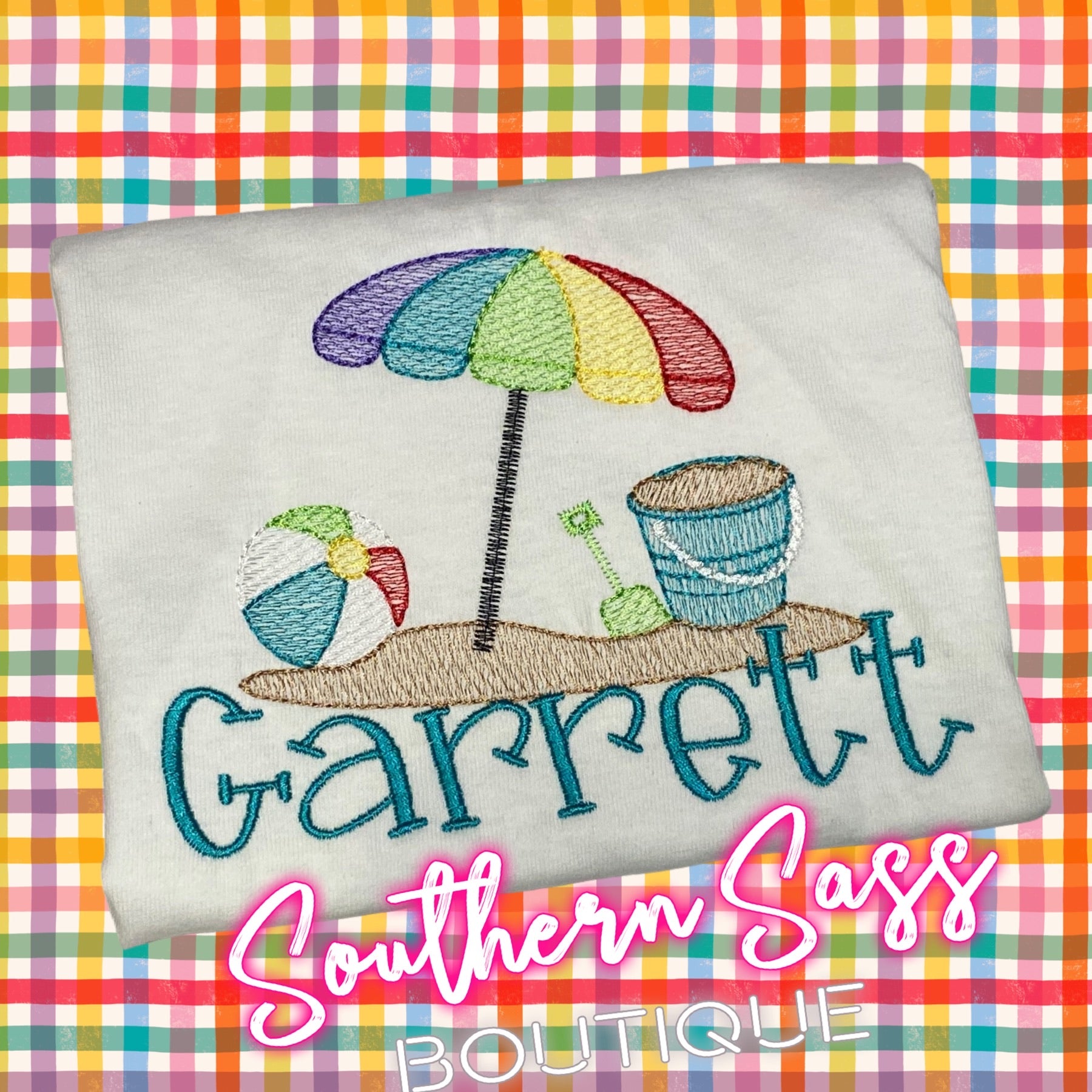 UMBRELLA, SAND PAIL & BEACH BALL EMBROIDERED KIDS TEE