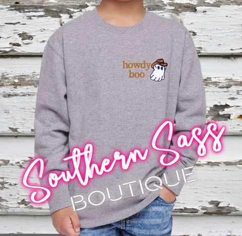 HOWDY BOO EMBROIDERED COWBOY GHOST KIDS SWEATSHIRT