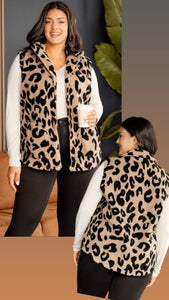 LEOPARD PLUS SIZE STAND NECK ZIPPED FRONT SHERPA JACKET VEST