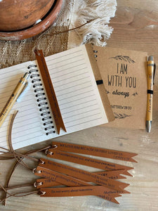 LEATHER SCRIPTURE BOOKMARK, NOTEBOOK & PEN SET