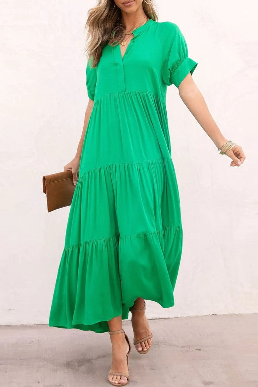 Green Notch V Neck Bubble Sleeve Tiered Maxi Dress SOUTHERNSASSAR Green Notch V Neck Bubble Sleeve Tiered Maxi Dress SOUTHERNSASSAR