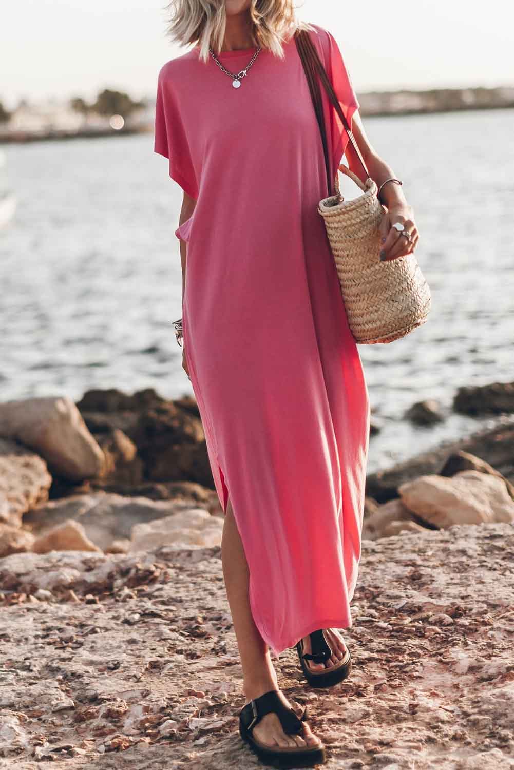 Pink Crew Neck Bat Sleeve Maxi T-shirt Dress SOUTHERNSASSAR Pink Crew Neck Bat Sleeve Maxi T-shirt Dress SOUTHERNSASSAR
