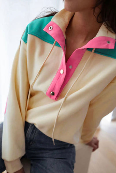 APRICOT COLOR BLOCK ELBOW PATCH HALF BUTTON SWEATSHIRT