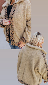 KHAKI PLUS SIZE LEOPARD TRIM BUTTON UP SHERPA JACKET