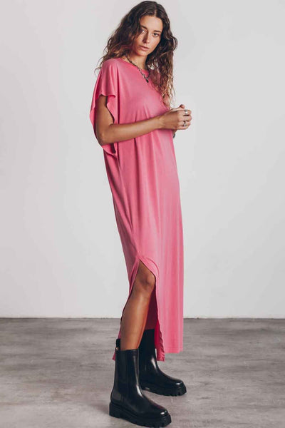 Pink Crew Neck Bat Sleeve Maxi T-shirt Dress