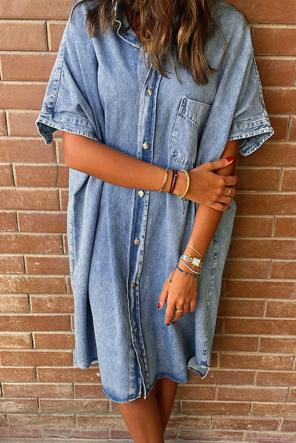 Light Blue Loose Medium Wash Short Sleeve Shirt Chambray Dress SOUTHERNSASSAR Light Blue Loose Medium Wash Short Sleeve Shirt Chambray Dress SOUTHERNSASSAR