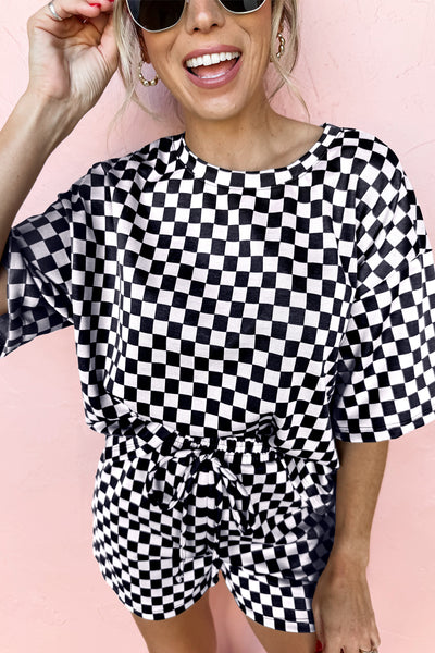 Black Checkered Top and Short Casual 2pcs Set