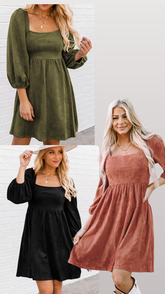 SUEDE SQUARE NECK PUFF SLEEVE DRESS