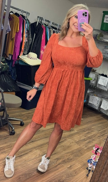 SUEDE SQUARE NECK PUFF SLEEVE DRESS