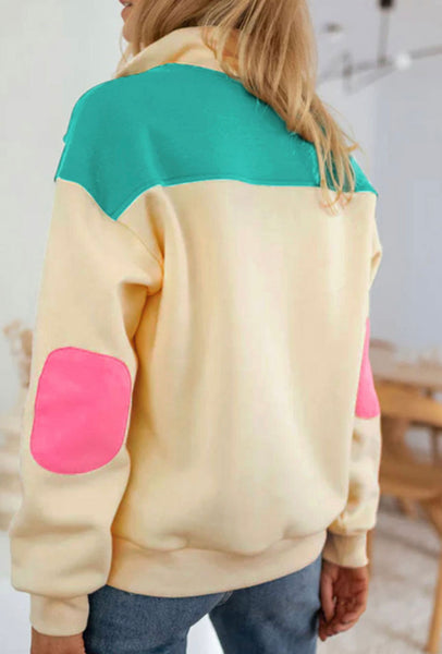 APRICOT COLOR BLOCK ELBOW PATCH HALF BUTTON SWEATSHIRT