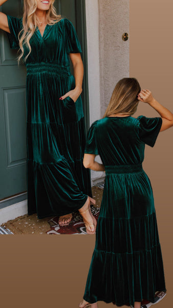 VELVET SHORT SLEEVE SHIRRED WAIST TIERED MAXI DRESS