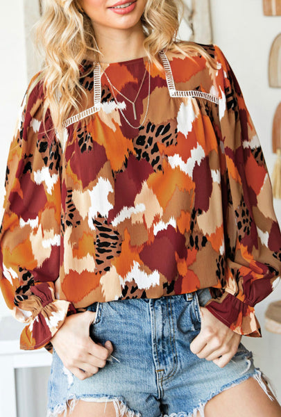 ABSTRACT PRINTED LONG SLEEVE BLOUSE