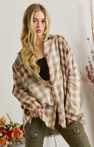 BROWN MULTI PLAID PATCHWORK RAW EDGE CASUAL SHIRT