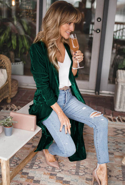 Velvet Open Front Pocketed Long Duster