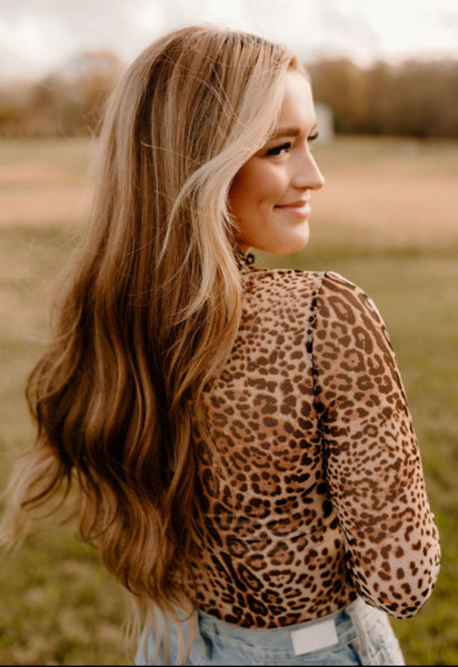 Brown Leopard Smocked Neck Mesh Long Sleeve Bodysuit