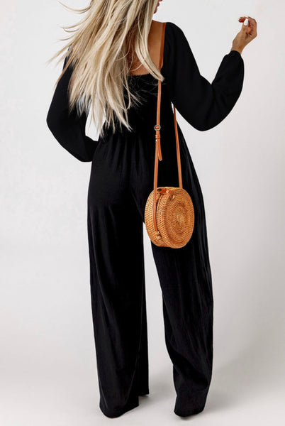 BLACK SMOCKED SQUARE NECK LONG SLEEVE WIDE LEG JUMPSUIT
