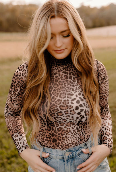 Brown Leopard Smocked Neck Mesh Long Sleeve Bodysuit