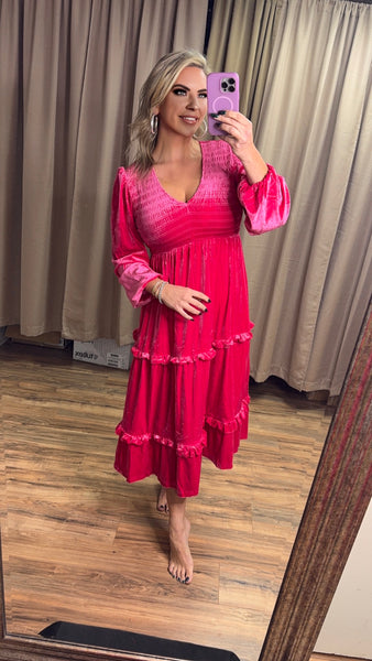 Rose Red Shirred V Neck Long Sleeve Velvet Dress