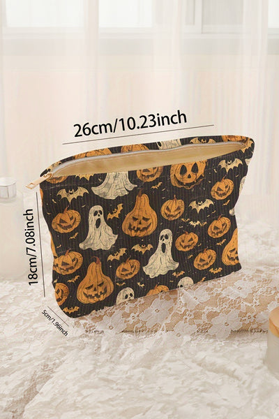 Black Striped Halloween Pumpkin Ghost Printed Makeup Bag