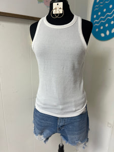 WHITE RIBBED HIGH NECK TANK