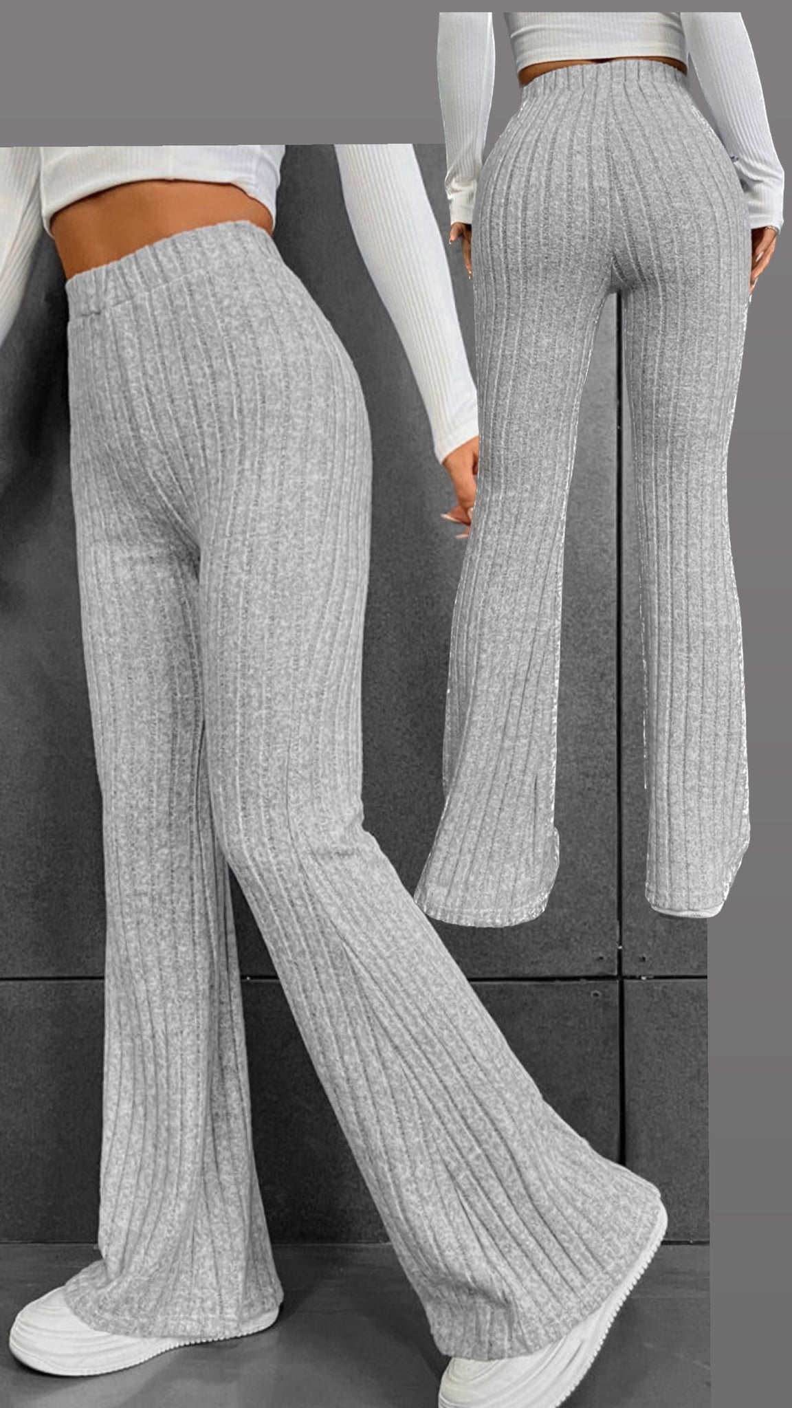 GREY HIGH WAISTED RIBBED FLARE PANTS