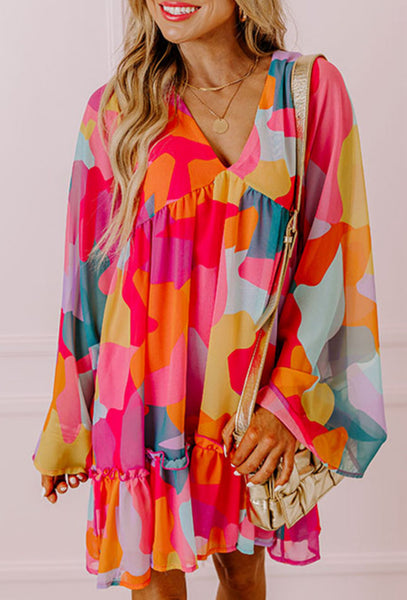 RED ABSTRACT PRINT BELL SLEEVE V NECK BABYDOLL DRESS