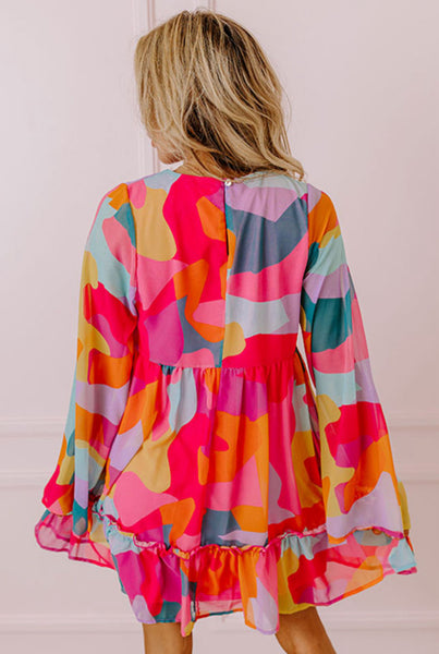 RED ABSTRACT PRINT BELL SLEEVE V NECK BABYDOLL DRESS