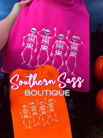 DANCING SKELETONS EMBROIDERED PINK OR ORANGE SWEATSHIRT