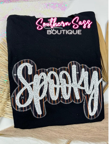 SPOOKY DOUBLE APPLIQUE SEQUIN AND STRIPE HALLOWEEN EMBROIDERED SWEATSHIRT