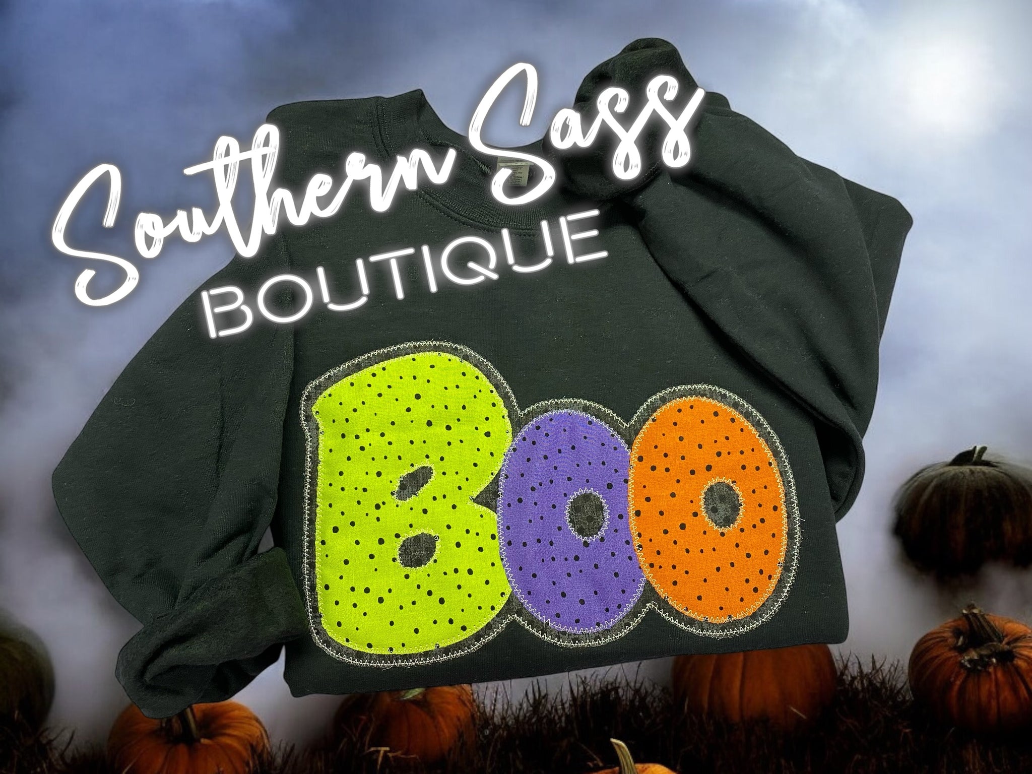 BOO DOUBLE APPLIQUE PUFF EMBROIDERED SWEATSHIRT