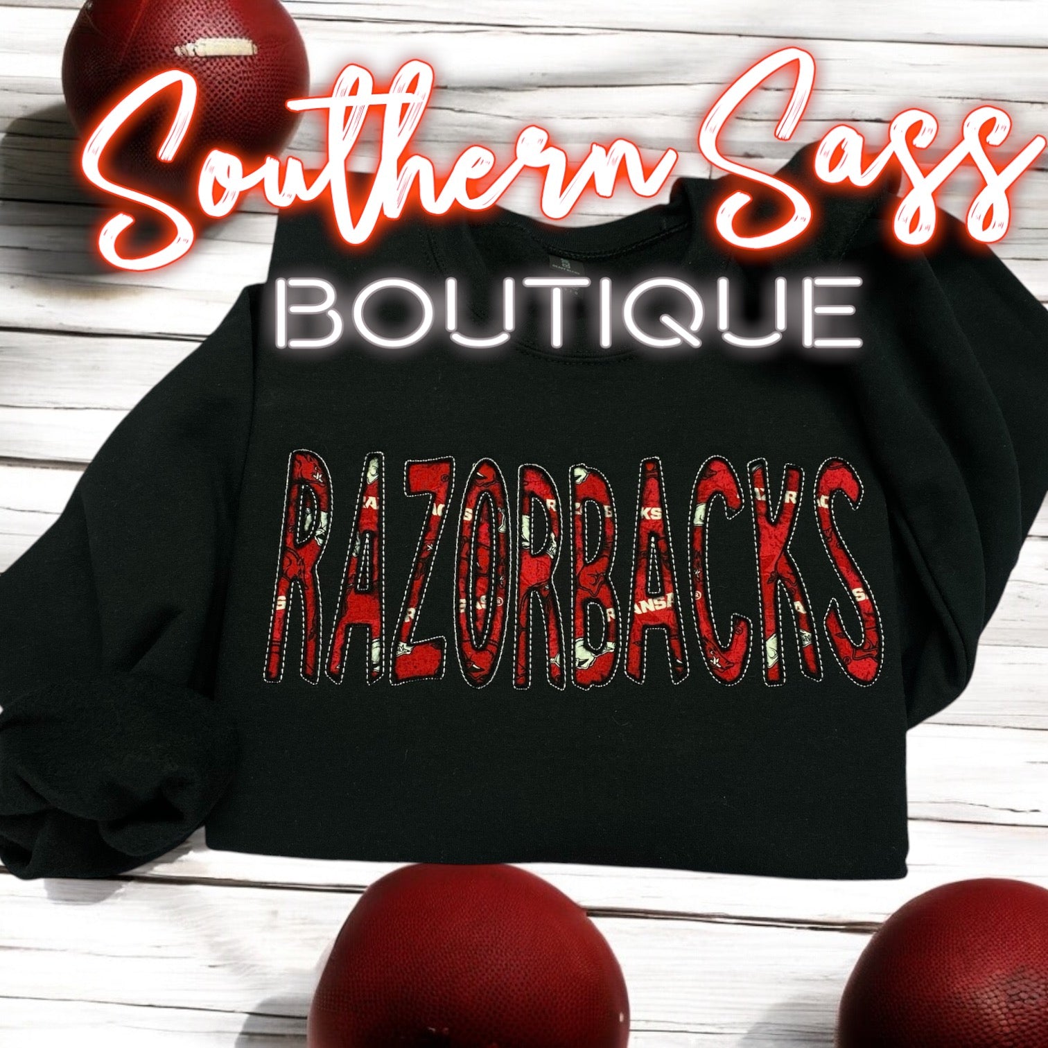 RAZORBACKS REVERSE APPLIQUE EMBROIDERED SWEATSHIRT