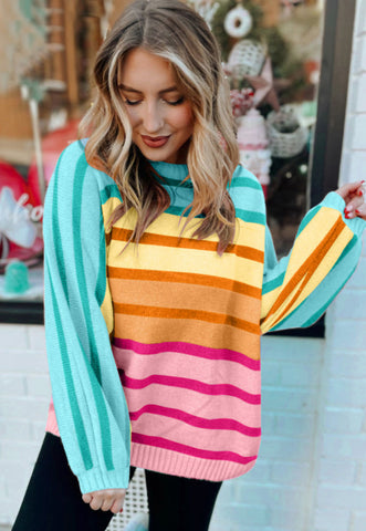 YELLOW STRIPE GRADIENT STRIPED RIBBED EDGE LOOSE SWEATER