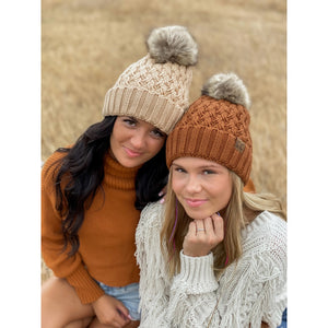 Solid Lattice Stitch Fur Pom CC Beanie