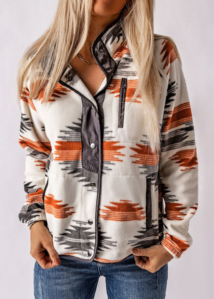 GREY WESTERN AZTEC SNAP BUTTONED FLEECE JACKET