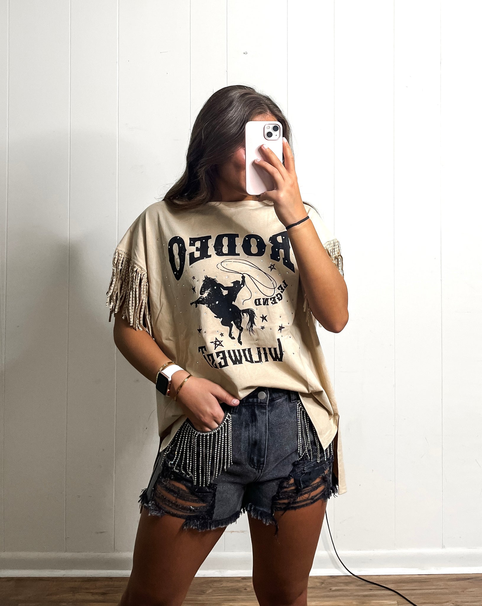 RODEO TEE WITH SUEDE & STUD FRINGE SLEEVE