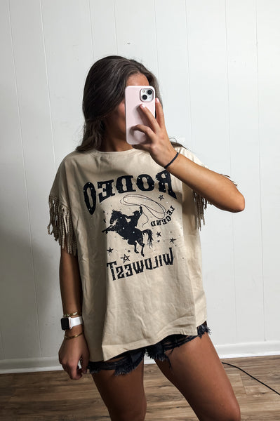 RODEO TEE WITH SUEDE & STUD FRINGE SLEEVE