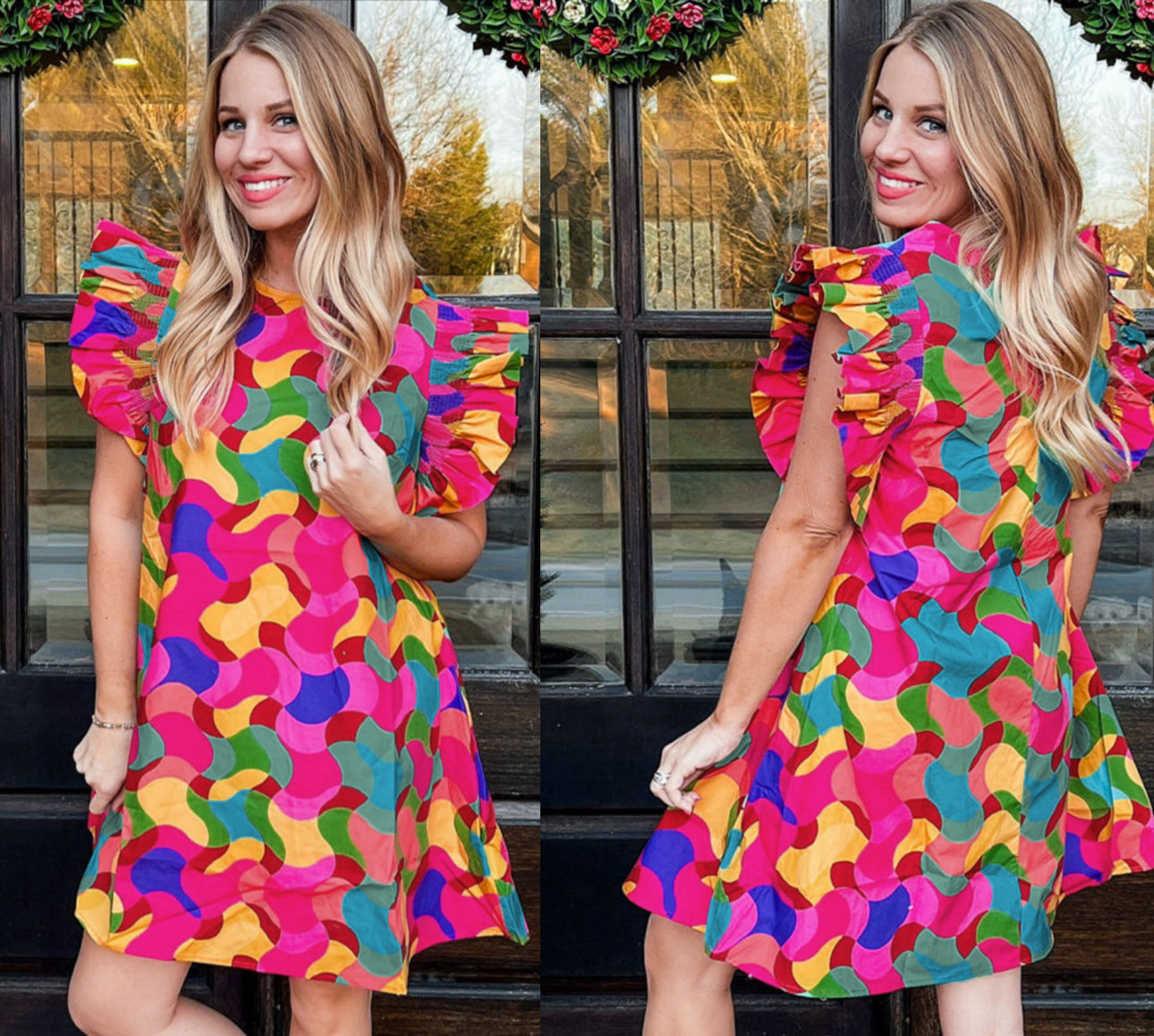 rose red abstract print ruffle sleeve shift dress