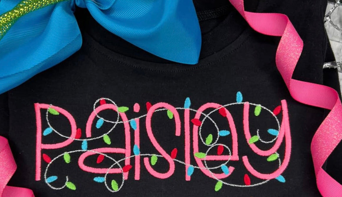 CHRISTMAS LIGHTS CUSTOM NAME EMBROIDERED SWEATSHIRT. TODDLER, YOUTH, AND ADULT.