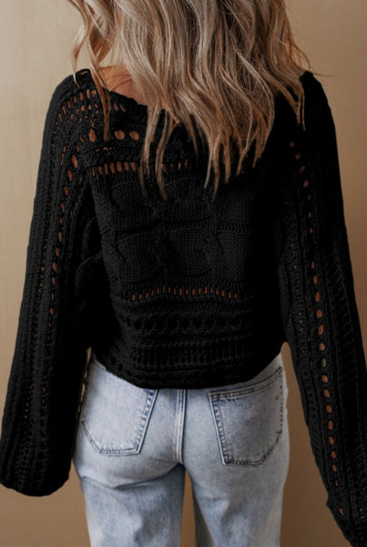 HOLLOW-OUT CABLE KNIT CROPPED SWEATER