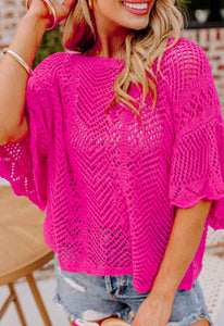 ROSE RED POINTELLE KNIT SCALLOP EDGE SHORT SLEEVE TOP