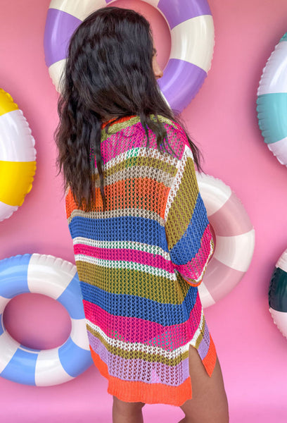 ORANGE STRIPE COLORBLOCK HOLLOWED CROCHET