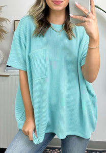 TURQUOISE CORDED KNIT POCKETED LOOSE FIT TSHIRT