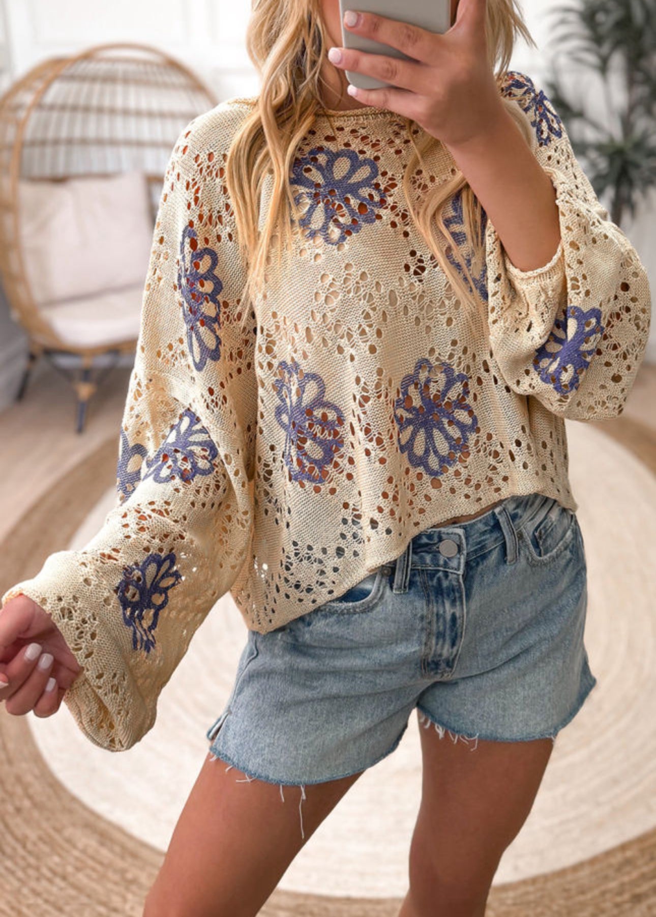 BEIGE CONTRAST FLOWER PRINT EYELET DROP SHOULDER SWEATER