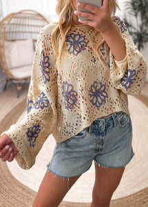 BEIGE CONTRAST FLOWER PRINT EYELET DROP SHOULDER SWEATER