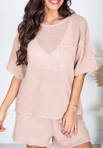 PINK WAFFLE KNIT SHORT SLEEVE TEE AND SHORTS LOUNGE SET