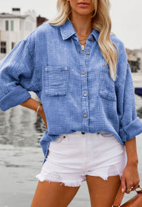 MINERAL WASH CRINKLE TEXTURED CHEST POCKETS SHIRT
